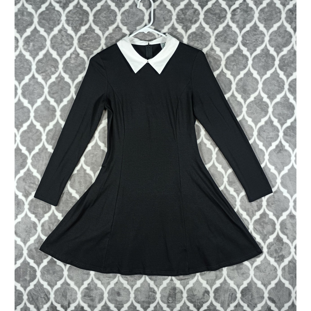Goth Wednesday Addams Style Black Dress XS Long Sleeve Collared Aphratit